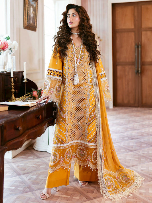 Stitched 3-piece suit from Mahnur Sophie Luxury Lawn with embroidered shirt, chiffon embroidered dupatta, and dyed trouser.