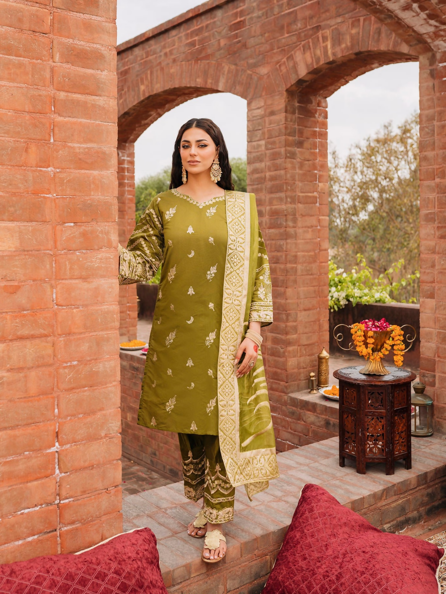 Panache Apparel Chambray Katan Embroidered Stitched Suit-Sumbul