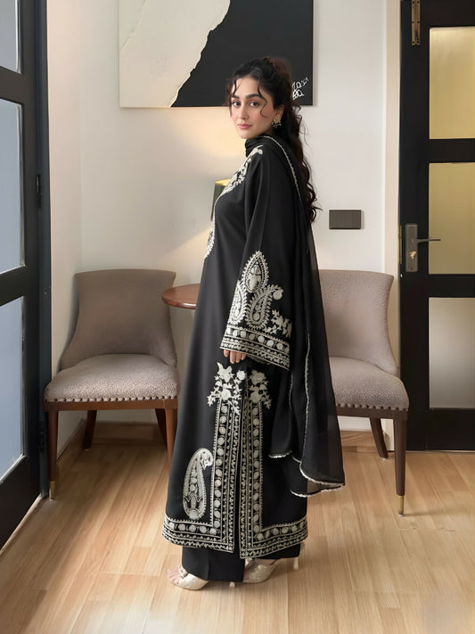Tawakal Closet Linen Embroidered Stitched 3-Piece Suit-Alize Black