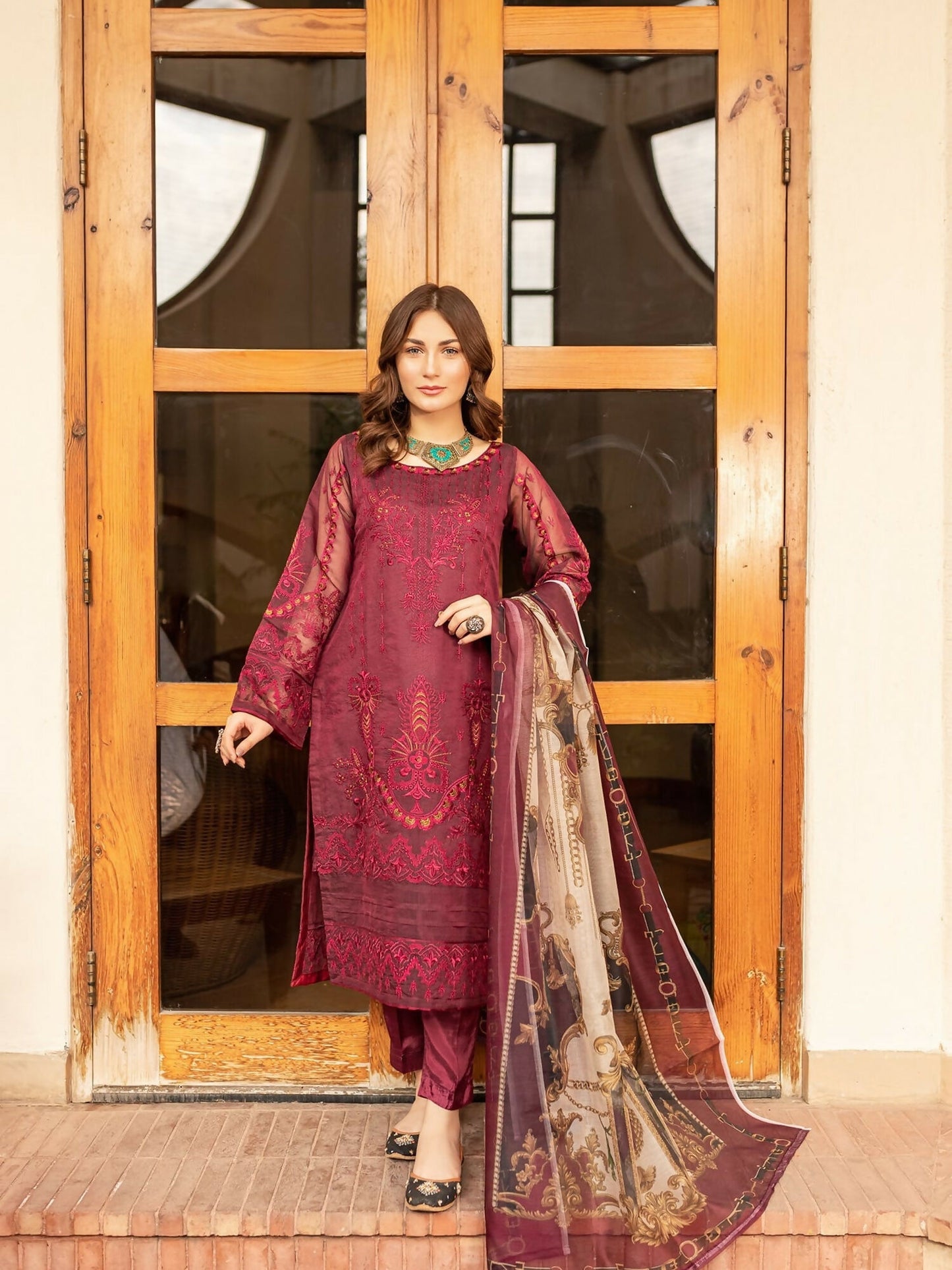 Panache Apparel Organza Net Embroidered Stitched 2-Piece Suit-Ozzy