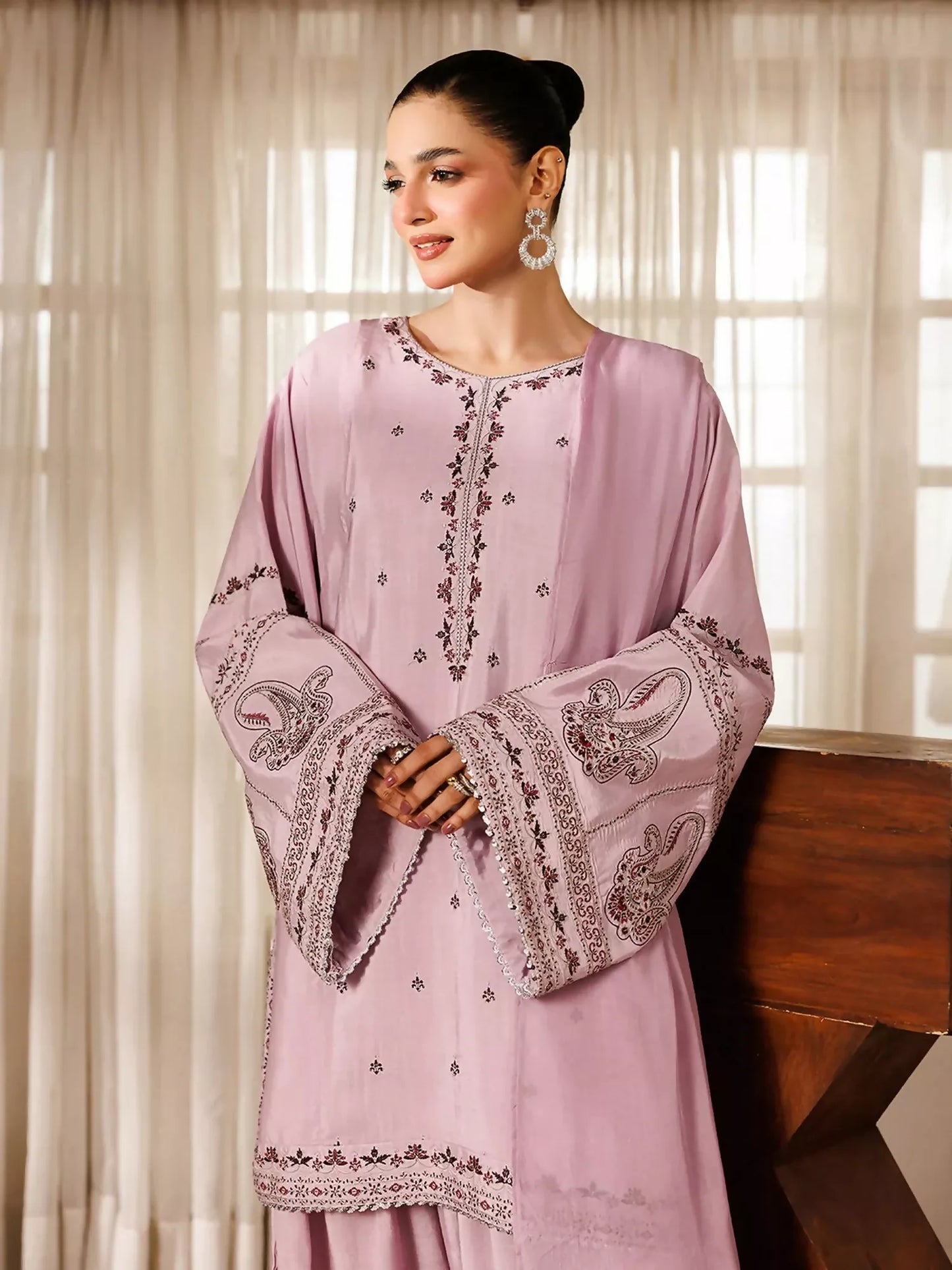 Panache Apparel Noore Eid Edit Sheesha Silk Embroidered Stitched Suit-Gull