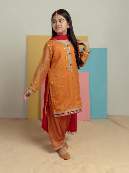 Kidoz Kloset Chiffon Embroidered Stitched 3-Piece Suit-Mustard Magic