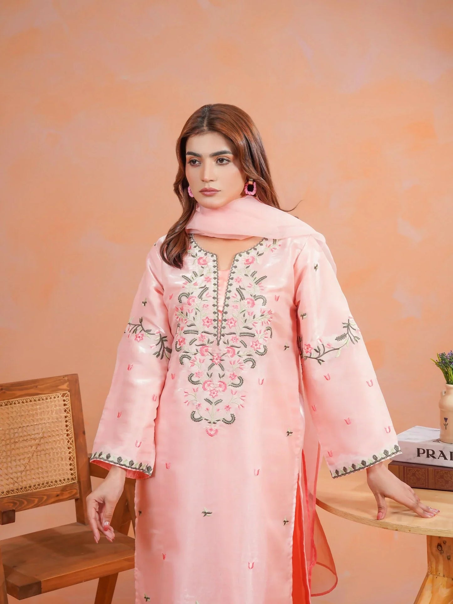 Pink-Zeephire Silk Embroidered Stitched 3-Piece Suit-Freeha B