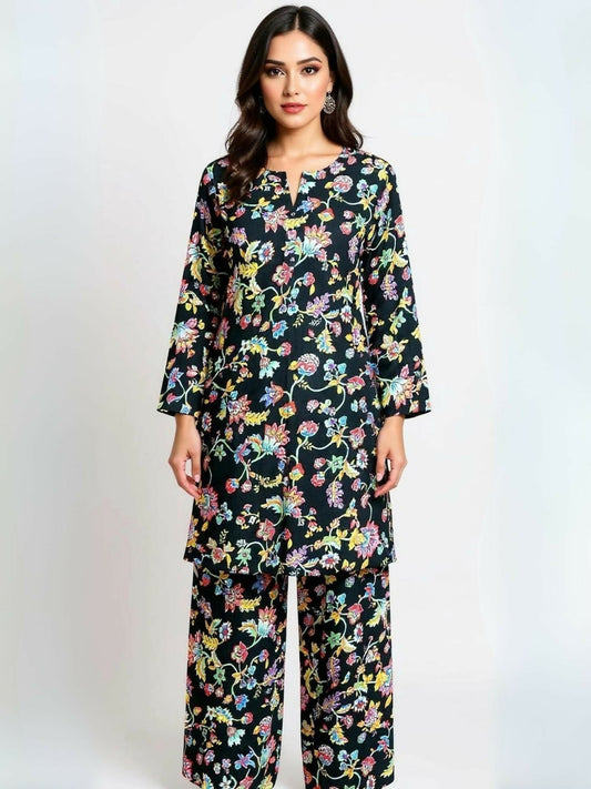 Bin Shaukat unstitched 2-piece digital lawn suit with all-over print and matching printed trouser.
