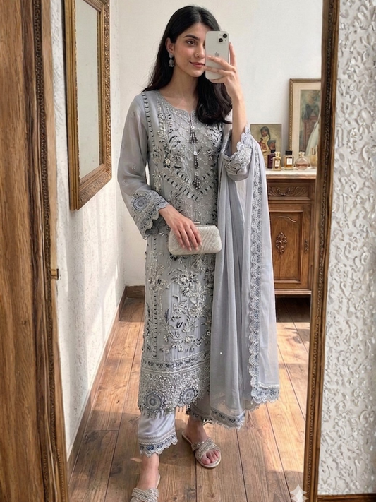 Lilac-Noori Chiffon Embellished Stitched 3-Piece Suit-LCS26012