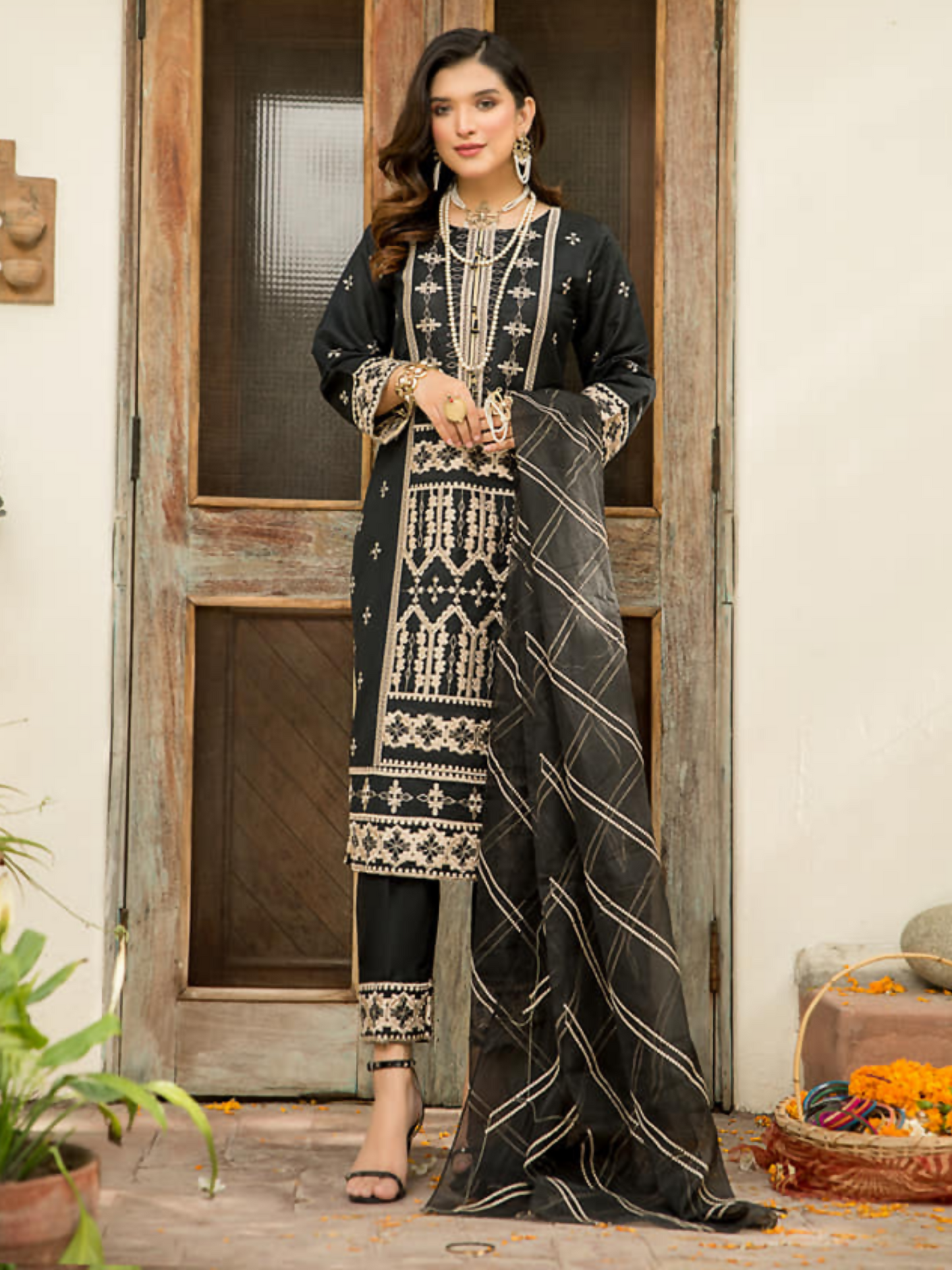Panache Apparel Chambray Katan Embroidered Stitched Suit-Zaha