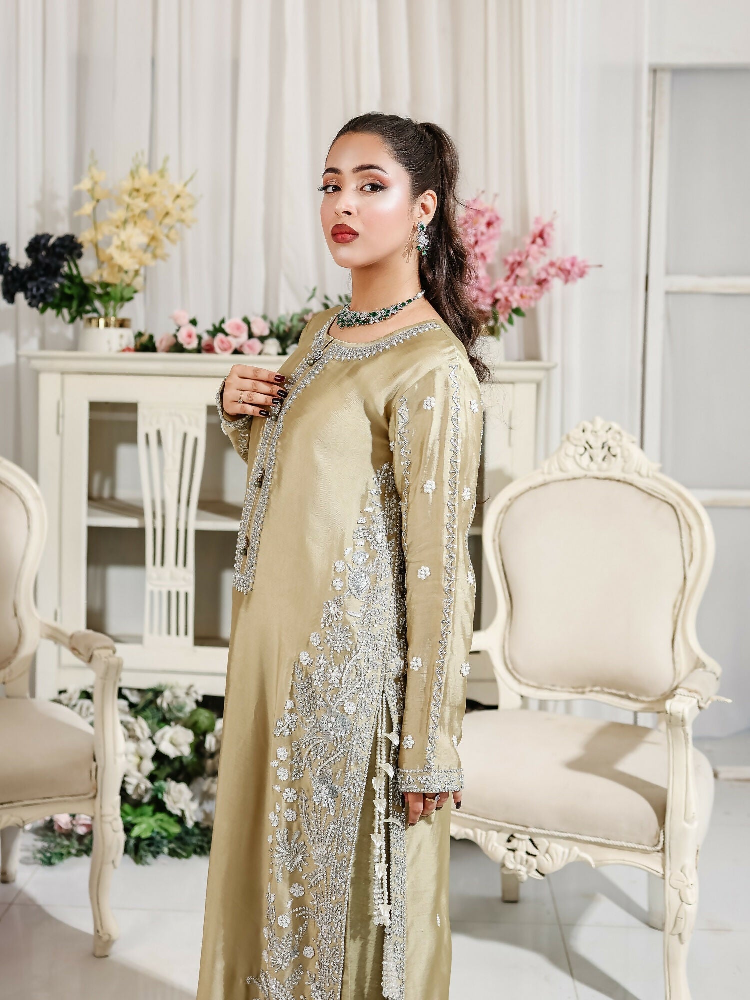Farooq Hameed Studio Wedding Festive'25 Pure Glass Silk Embroidered Stitched 3-Piece Suit-Ismara
