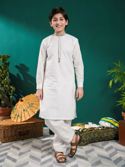 White Velvour Boys Embroidred Shalwar Kameez-VB120