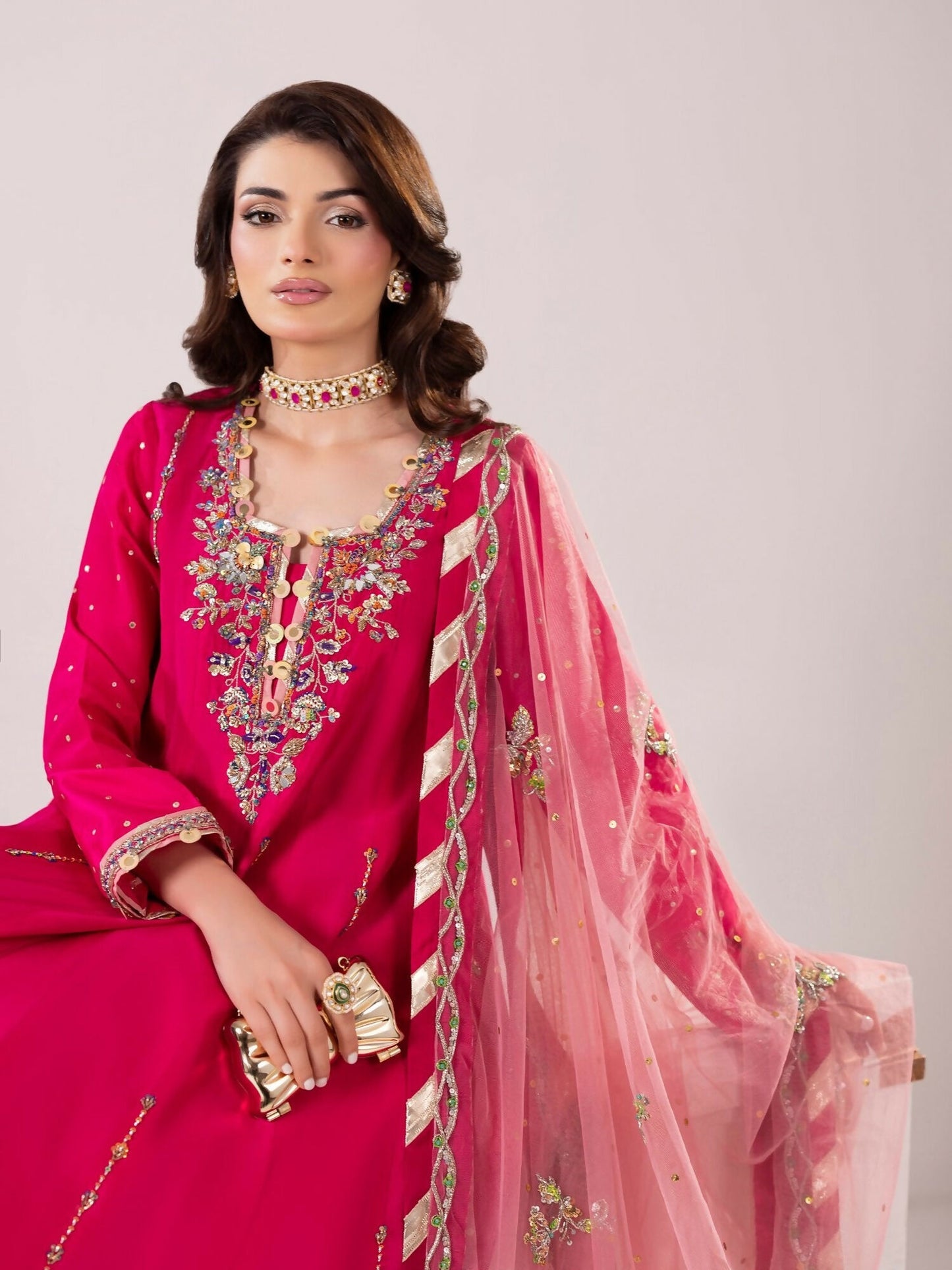 Shurooq Echoes In Bloom Silk Embellished Stitched 3-Piece Suit-Fuschia Flame