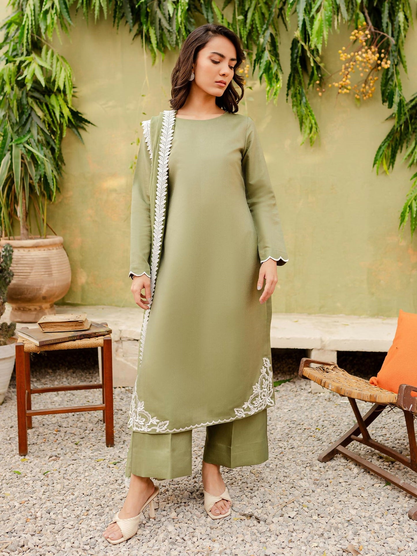 Allure By IH Katan Silk Embroidered Stitched 3-Piece Suit-Sage
