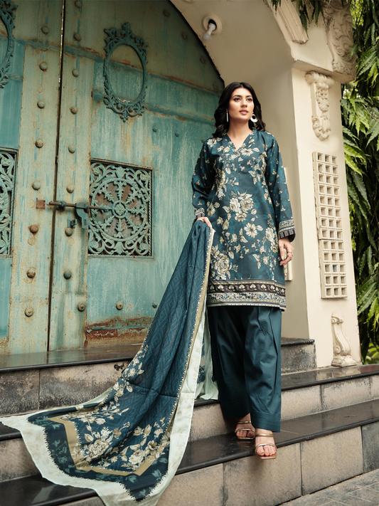 Unstitched 3-piece suit with a dark teal floral printed lawn shirt, coordinating printed dupatta, and matching dyed trouser.