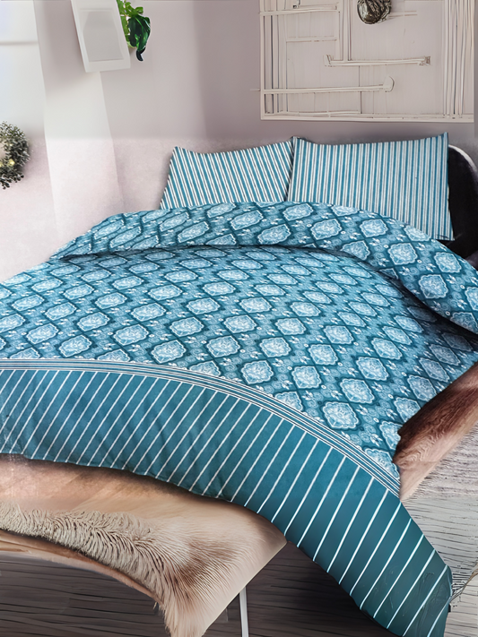 Sea blue printed 3-piece bedspread set with black and white design, displayed on a king-size bed with matching pillow covers.