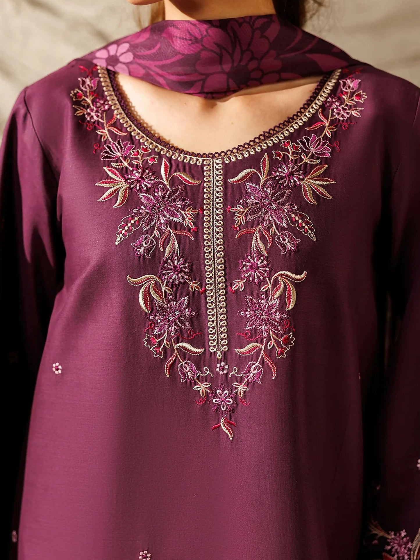 Panache Apparel Mistfall Ramadan Edit Cotton Embroidered Stitched Suit-Espresso