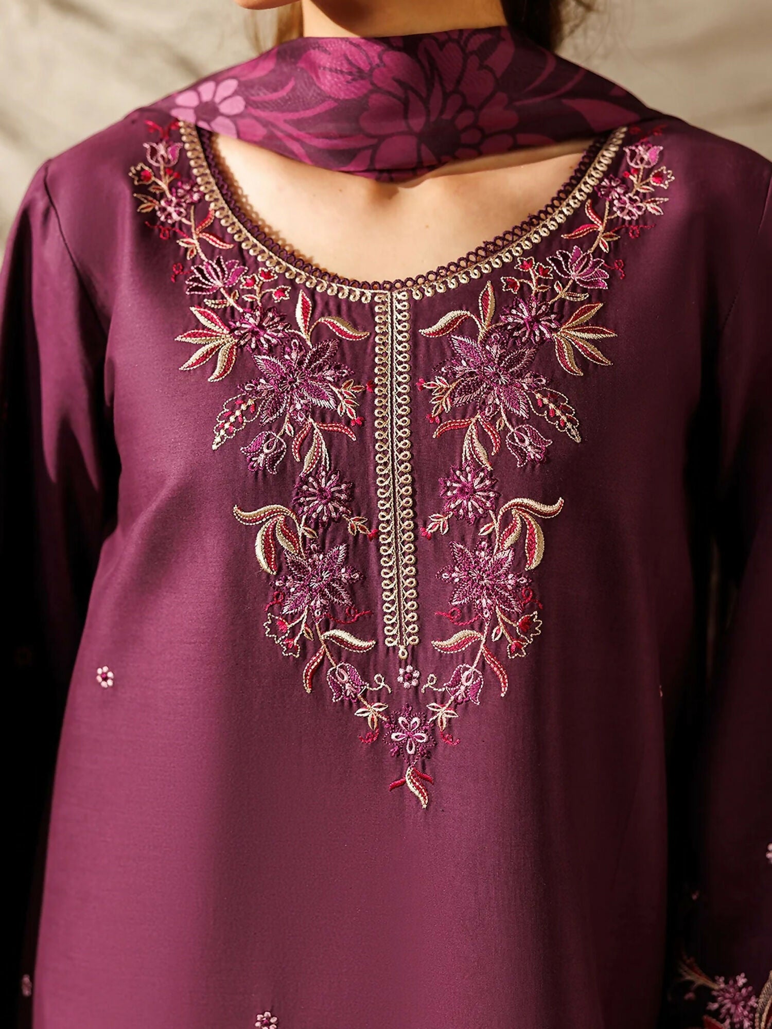 Panache Apparel Mistfall Ramadan Edit Cotton Embroidered Stitched Suit-Espresso