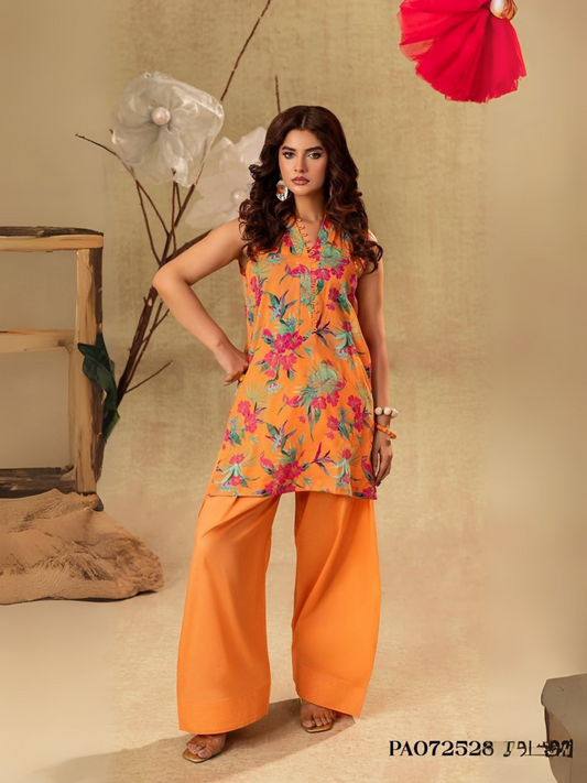 Unstitched 2-piece suit with orange floral printed shirt and plain dyed orange trouser, perfect for casual wear.