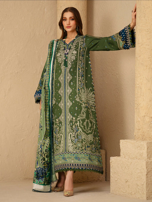 stylish unstitched 3-piece suit by Bin Ilyas 164-B, combining a dyed Kotrai embroidered shirt, a plain Kotrai trouser, and a Palachi shawl