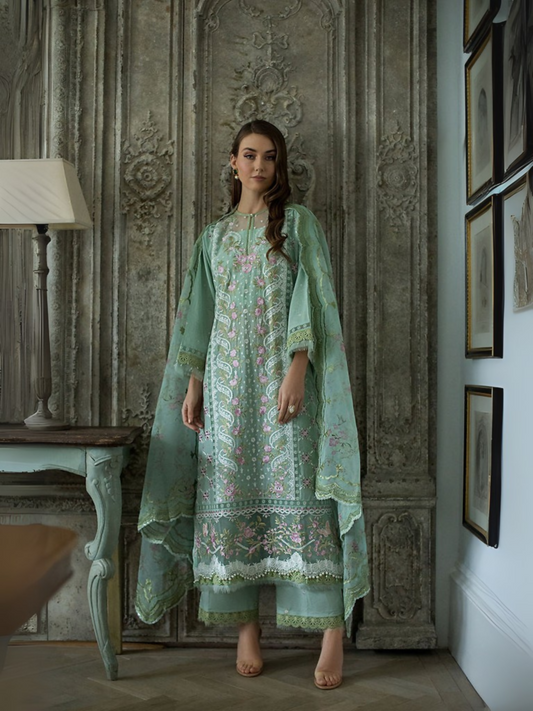 Unstitched 3-piece suit with embroidered front panels, organza daman border, embroidered sleeves, printed organza dupatta with four-sided embroidery, embroidered trousers, and plain back fabric.
