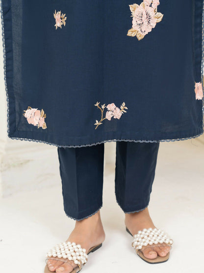 Panache Apparel Winter Whisper Khaddar Embroidered Stitched 3-Piece Suit-Navy Frost