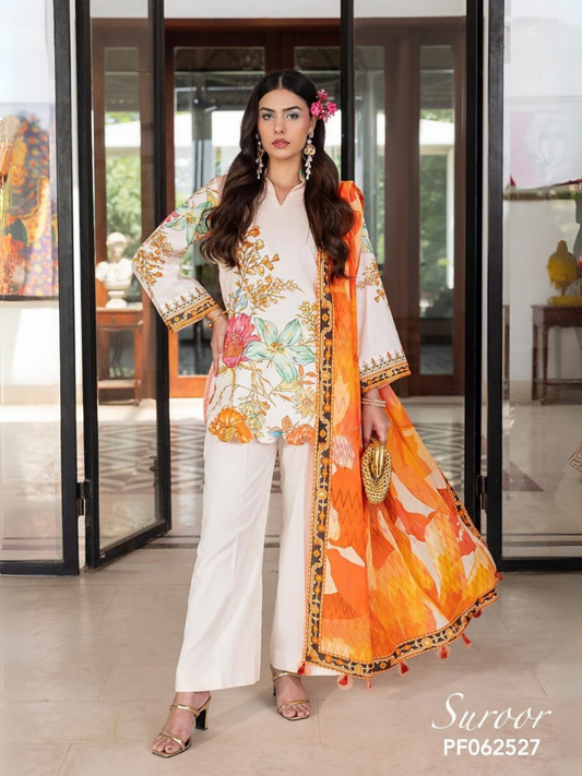 Unstitched 3-piece suit with white floral printed lawn shirt, orange patterned dobby voil dupatta, and plain white dyed cotton trouser, ideal for summer stitching.