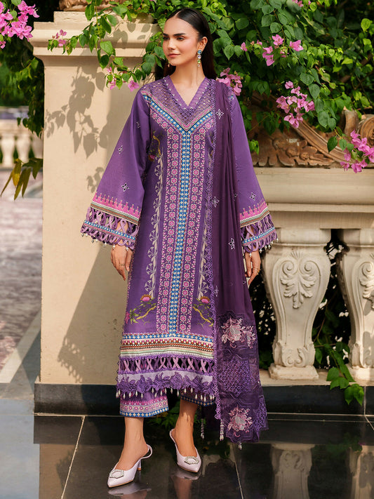 Parishay Ivy Bloom Winter unstitched 3-piece suit with embroidered neckline, front border, embroidered sleeves, chiffon dupatta, and viscose trouser.