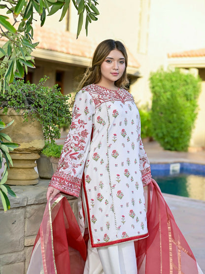 Farooq Hameed Studio Silk Embroidered Stitched 3-Piece Suit-Crimsal