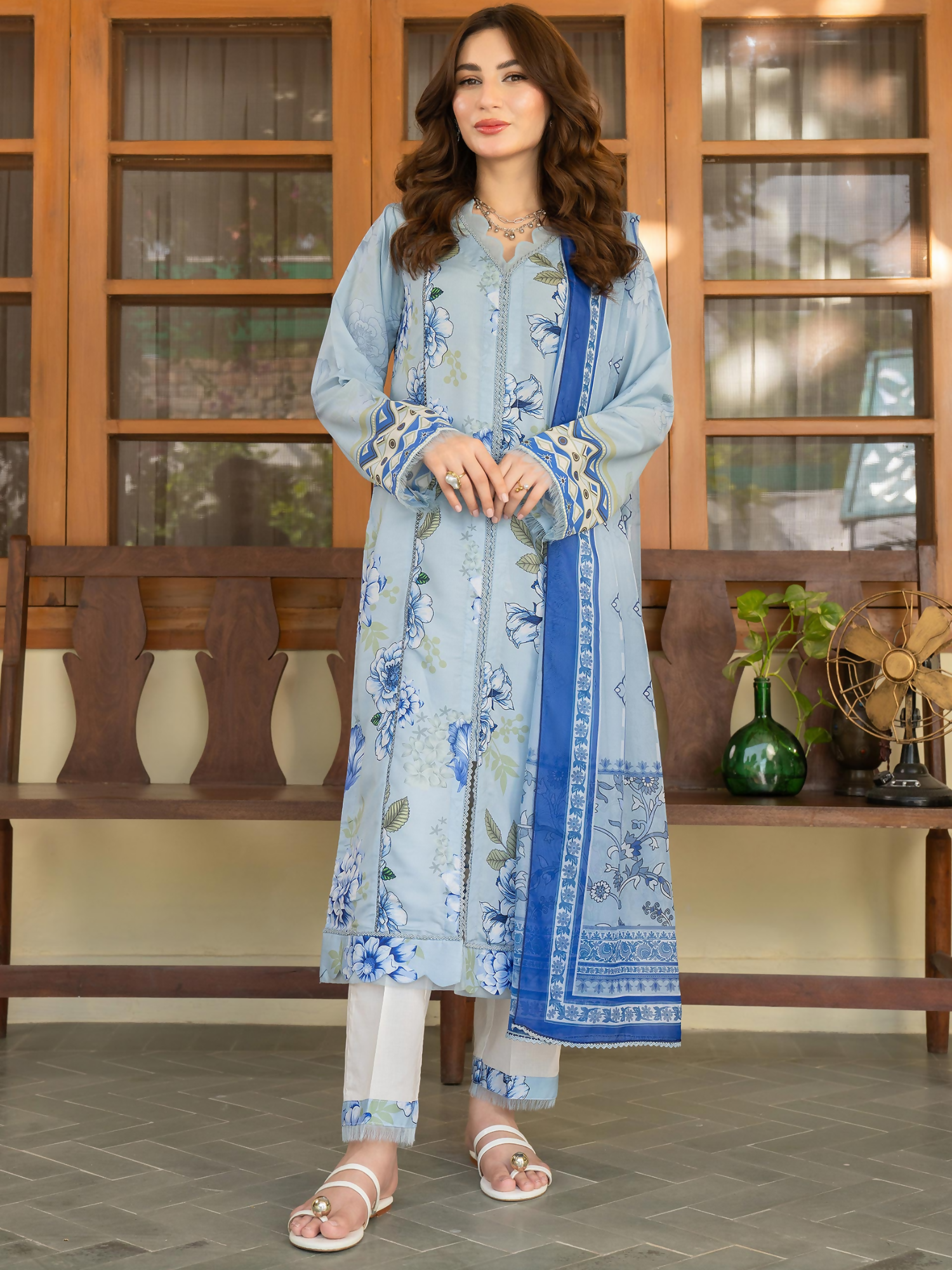 Panache Apparel Mah-e-Noor Intermix Rawsilk Printed Stitched Suit-Frost Blue