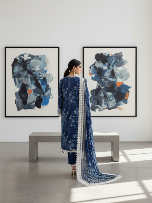 Mausummery Linen Printed Unstitched 3-Piece Suit-Sapphire