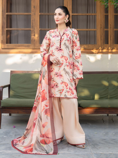 Panache Apparel Mah-e-Noor Rawsilk Printed Stitched Suit-Coral Blush