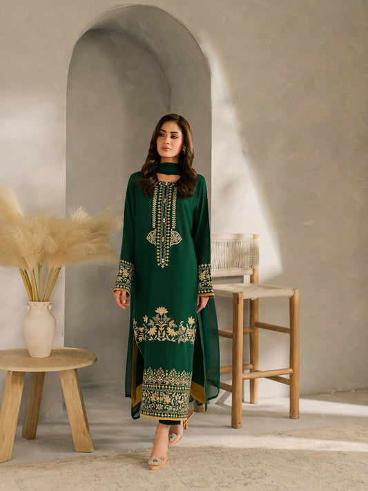 Zeephire Linen Embroidered Stitched 3-Piece Suit-Amina