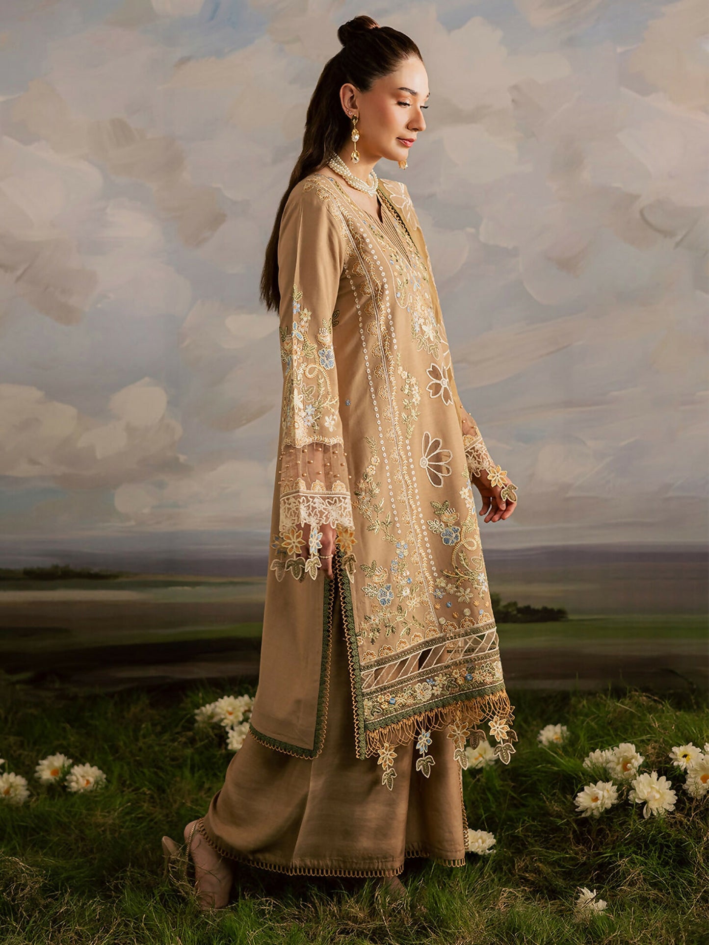 Mahnur Kaia Slub Linen Embroidered Stitched 3-Piece Suit-K- 04