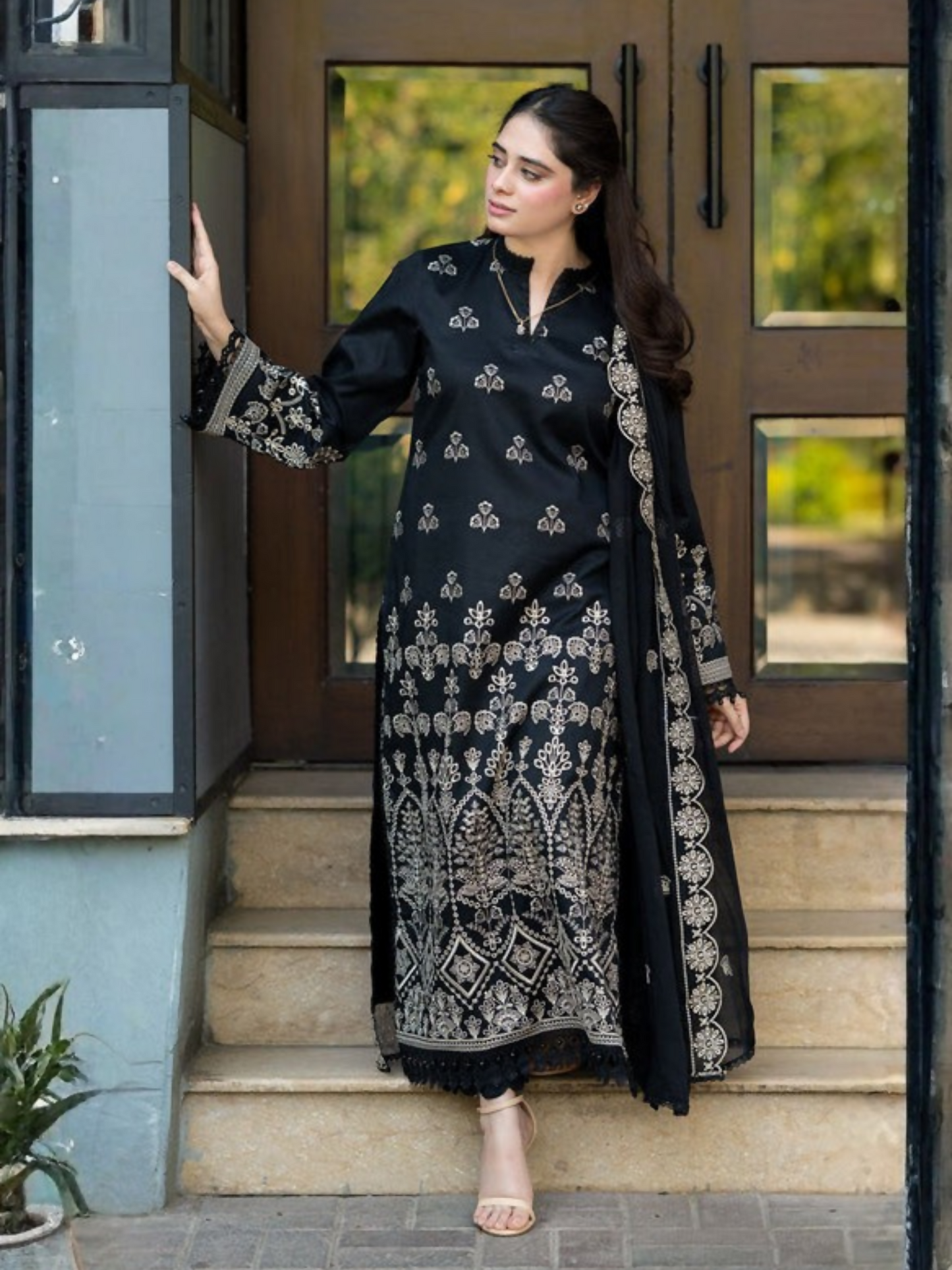 Tawakal Closet Cotton Embroidered Stitched 3-Piece Suit-Black