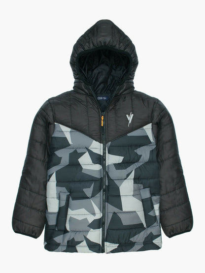 Black Velvour Printed Puffer Jacket-VJ32-A