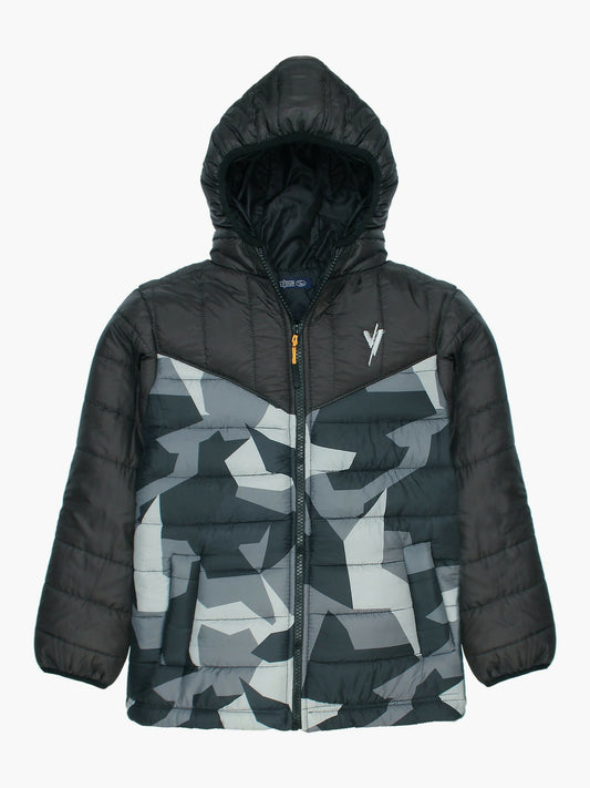 Black Velvour Printed Puffer Jacket-VJ32-A
