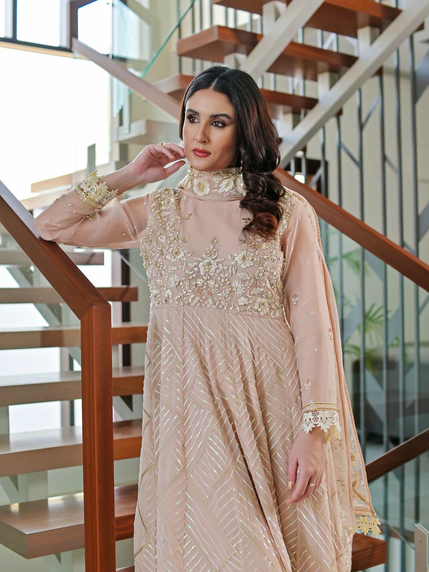 Farooq Hameed Studio Chiffon Embroidered Stitched 3-Piece Suit-Sandal
