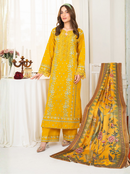 Panache Apparel Winter Basics Khaddar Embroidered Stitched 3-Piece Suit-Golden Hour