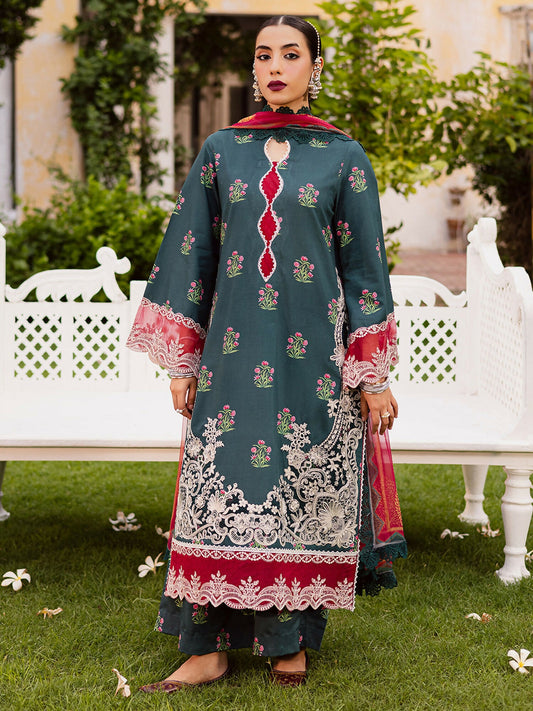 Mahnur Gulzar Viscose Collection – Unstitched 3-Piece Suit with Printed & Embroidered Front, Printed Back and Sleeves, Embroidered Border, Printed Chiffon Dupatta, and Printed Trouser