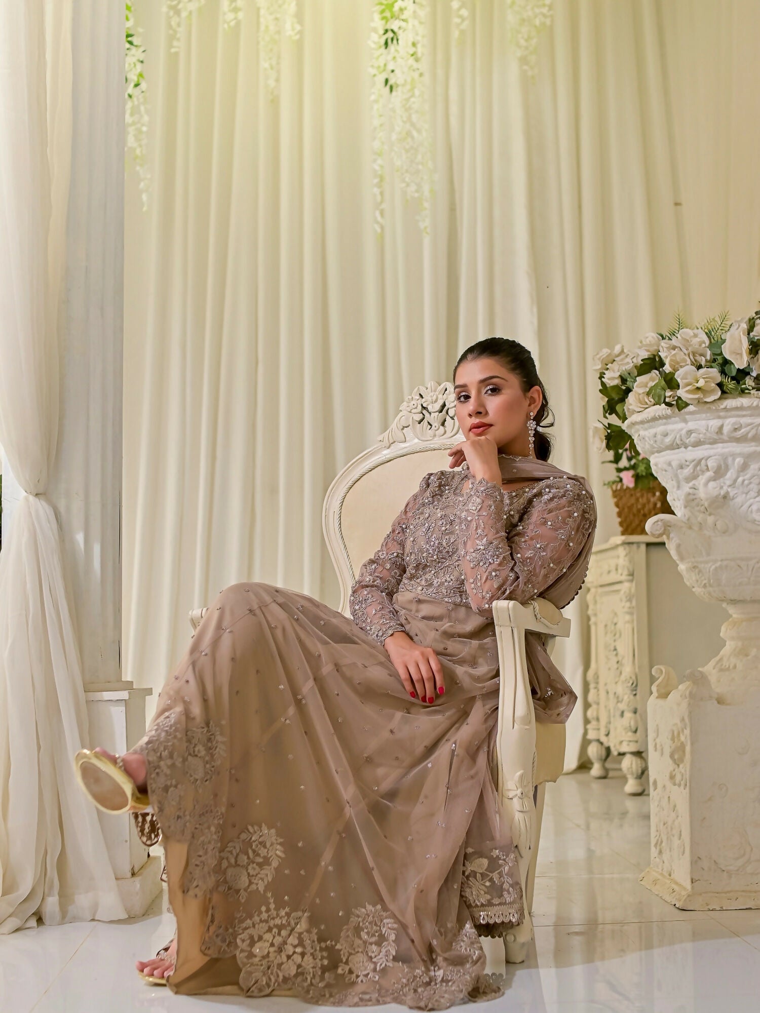 Farooq Hameed Studio Net Embroidered Stitched 3-Piece Suit-Oud-Majestic