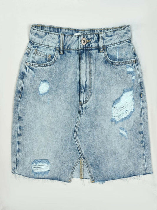 Funky's Plain MId Length Ripped Denim Skirt-11491