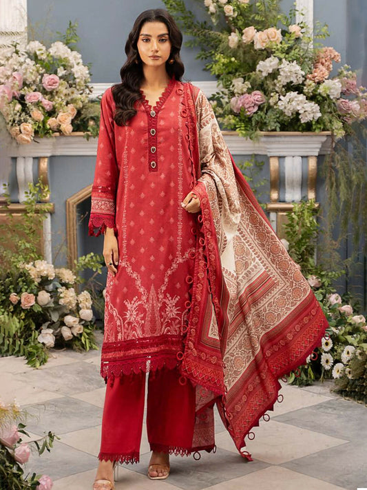 Mausummery unstitched 3-piece suit with digital printed Linen Doria shirt and dupatta, paired with dyed linen trouser for elegant winter style.