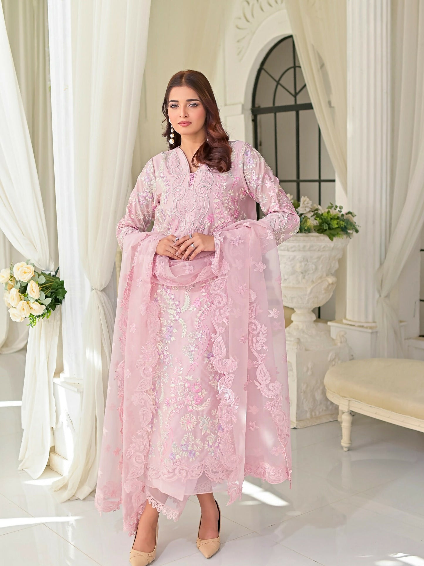 Farooq Hameed Studio Silk Embroidered Stitched 3-Piece Suit-Aura