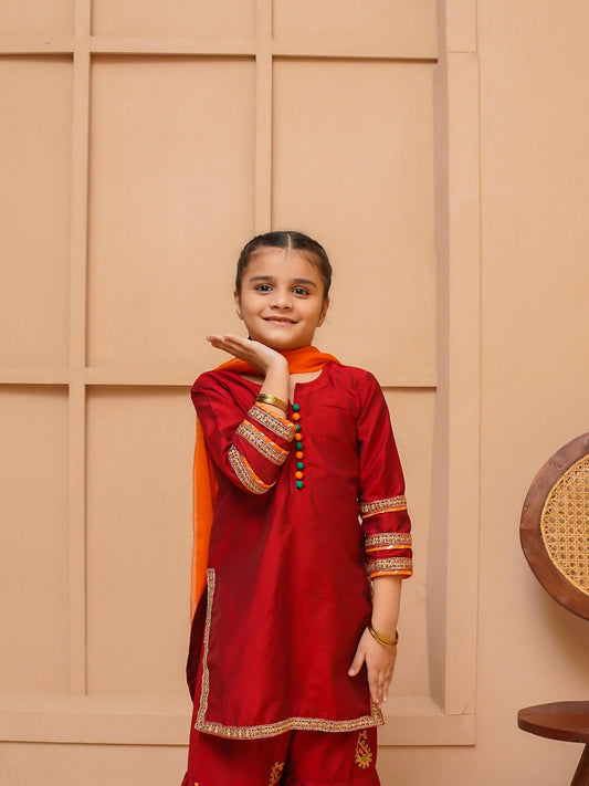 Kidoz Kloset Cotton Silk Embroidered Stitched 3-Piece Suit-Amber Mirage Gharara-Girl