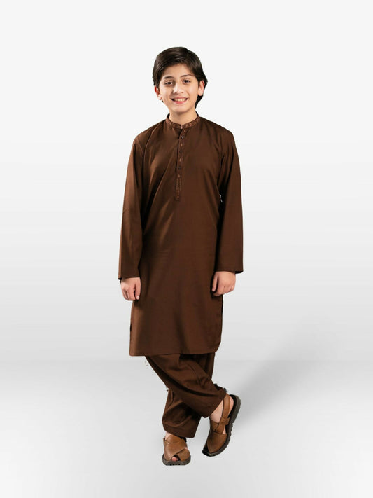 Boy wearing embroidered stitched shalwar kameez with mandarin collar, full sleeves, and regular fit, ideal for festive and cultural occasions