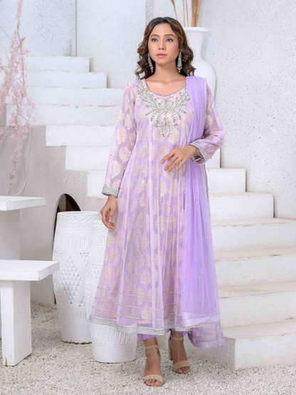 Ruby's Couture Ashiyana Net & Jacquard Embroidered Stitched 3-Piece Suit-Annika
