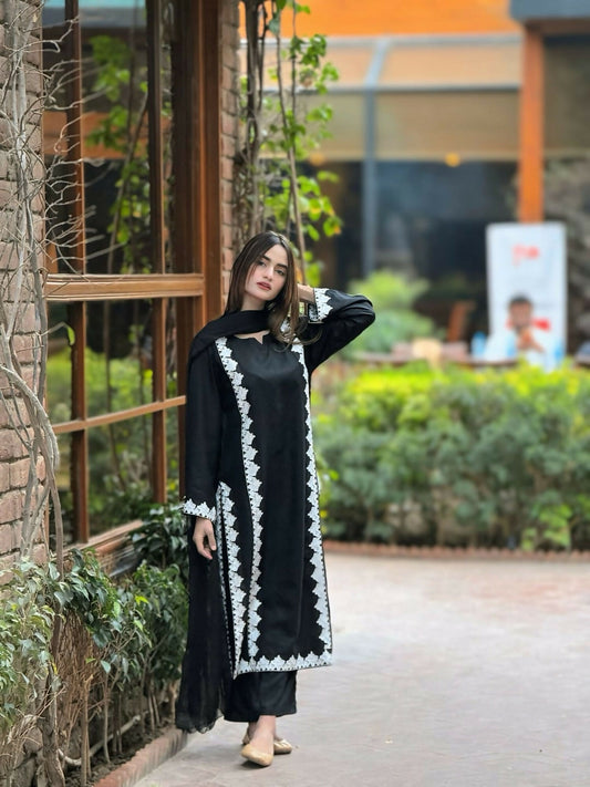 Tawakal Closet Linen Embroidered Stitched 3-Piece Suit-Blackish