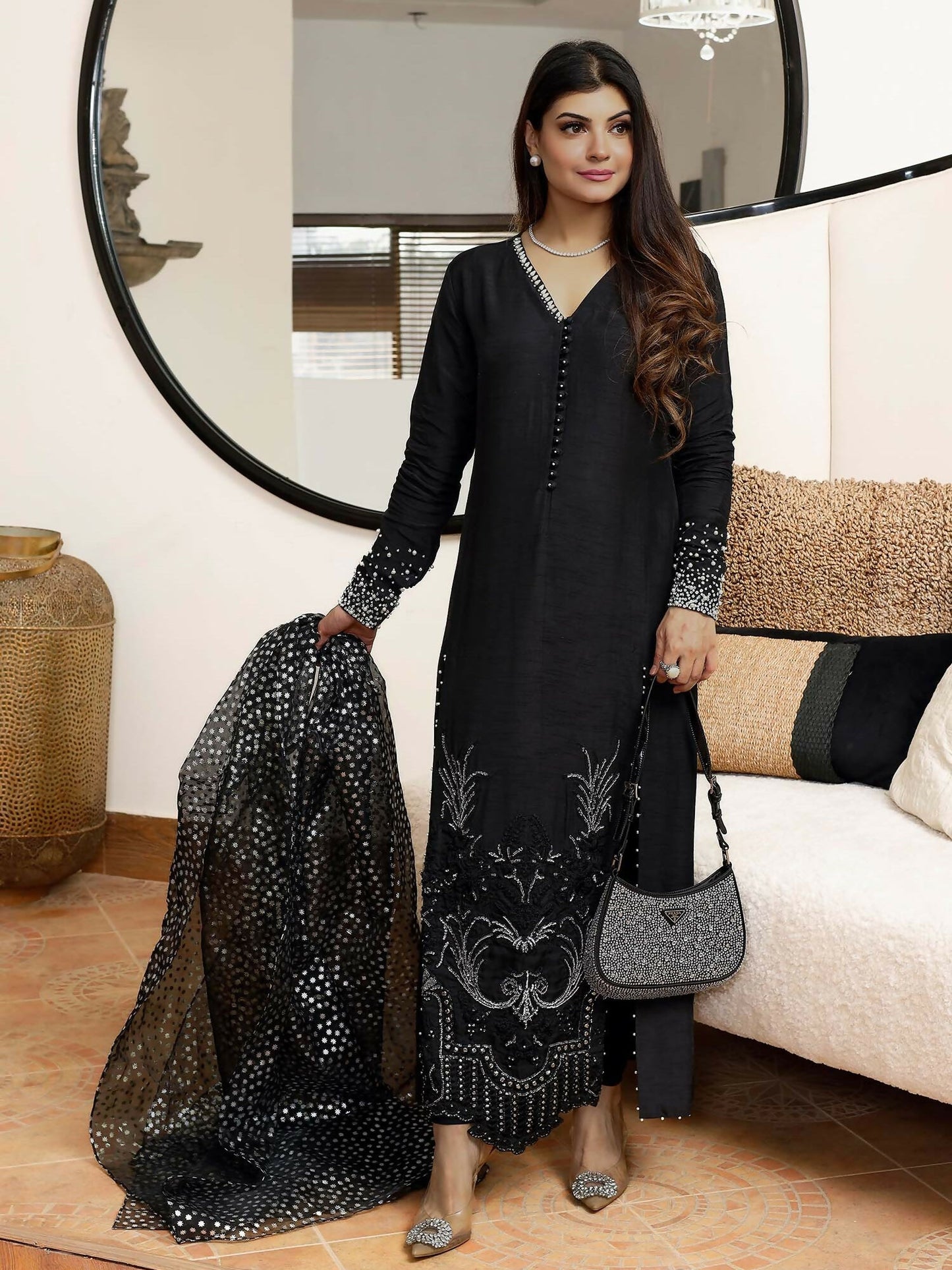 Shiza Hassan Nadia Luxury Pret Korean Raw Silk Embellished Stitched 2-Piece Suit-Midnight Sky
