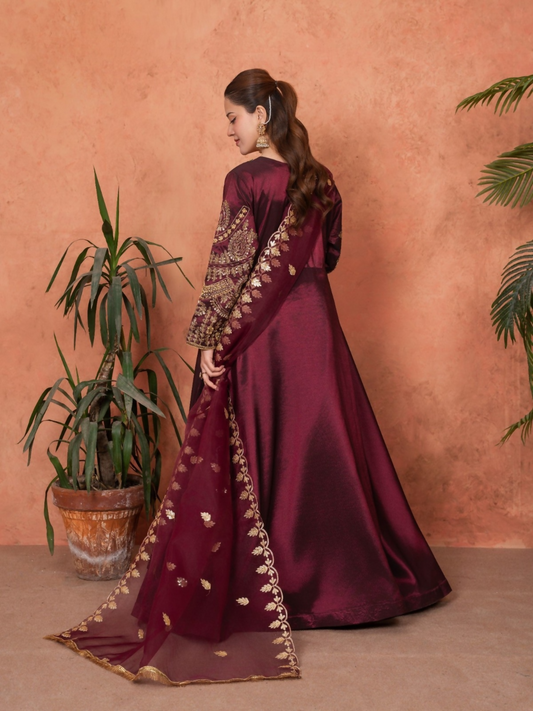 Stylish Collection Majeste Silk Embroidered Maxi-Zuri Maroon