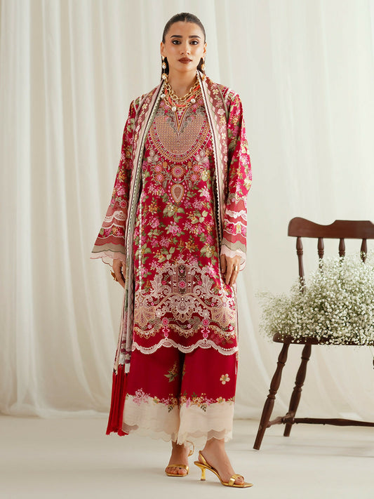 Binilyas Eres Bonita Viscose '25 embroidered unstitched suit with printed shirt, organza embroidery, chiffon dupatta, and printed trouser.