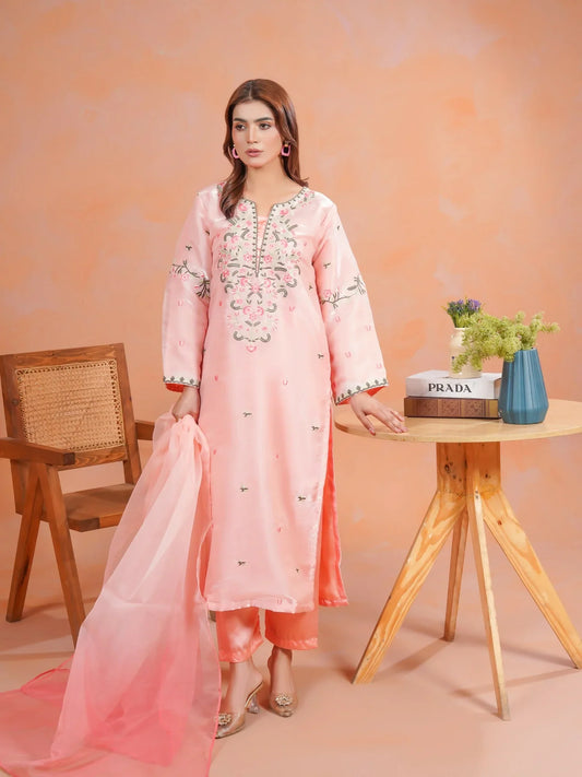 Pink-Zeephire Silk Embroidered Stitched 3-Piece Suit-Freeha B