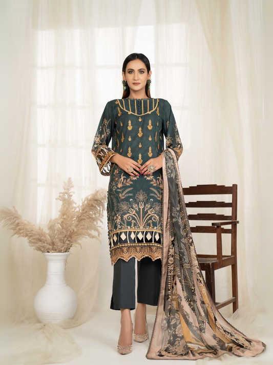 Green Sitara Lawn Embroidered Unstitched 3-Piece Suit-123