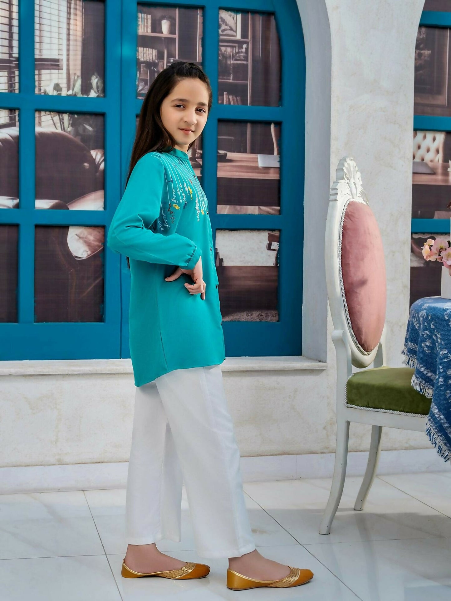 Velvour Girls Cotton Embroidered Stitched Tunic-VG122-A